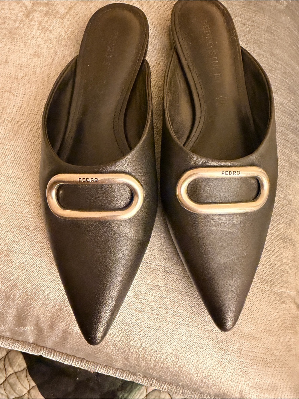 Pedro Garcia Black Genuine Leather Pointed Mules with silver Oval Accent